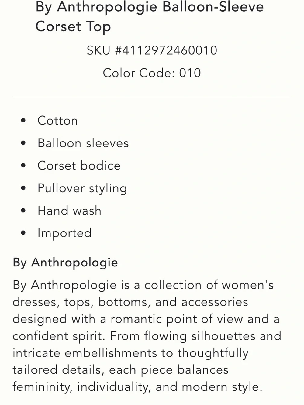 Anthropologie Balloon Sleeve White Corset-Detail Top